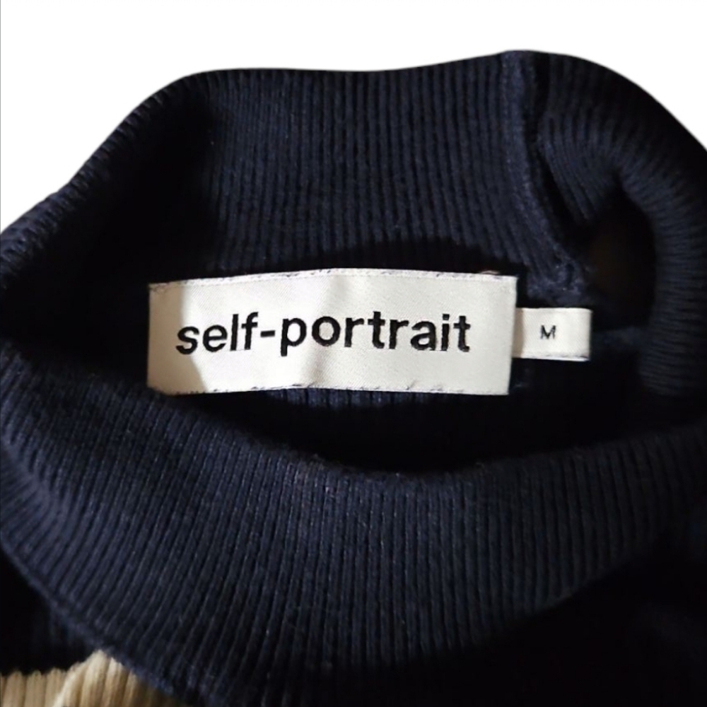 SELF-PORTRAIT | Cold Shoulder Striped Ruffle Sweater in Size Medium - Picture 7 of 9